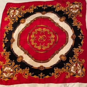 🧣 Bill Blass vintage 100% Silk Scarfw/Hand Rolled Edges. Red, Black & Gold. 🧣